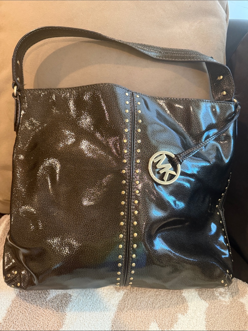 Michael Kors Chocolate bronze Shiny Stud-Trim Shoulder Bag